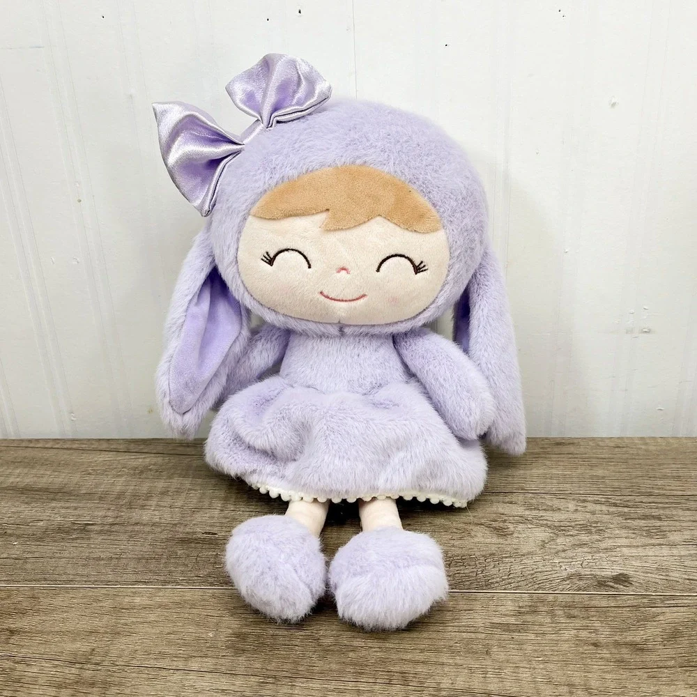 Gloveleya Purple Bunny Plush Girl Doll Satin Bow Pom Pom Trim 12 Inch Toy